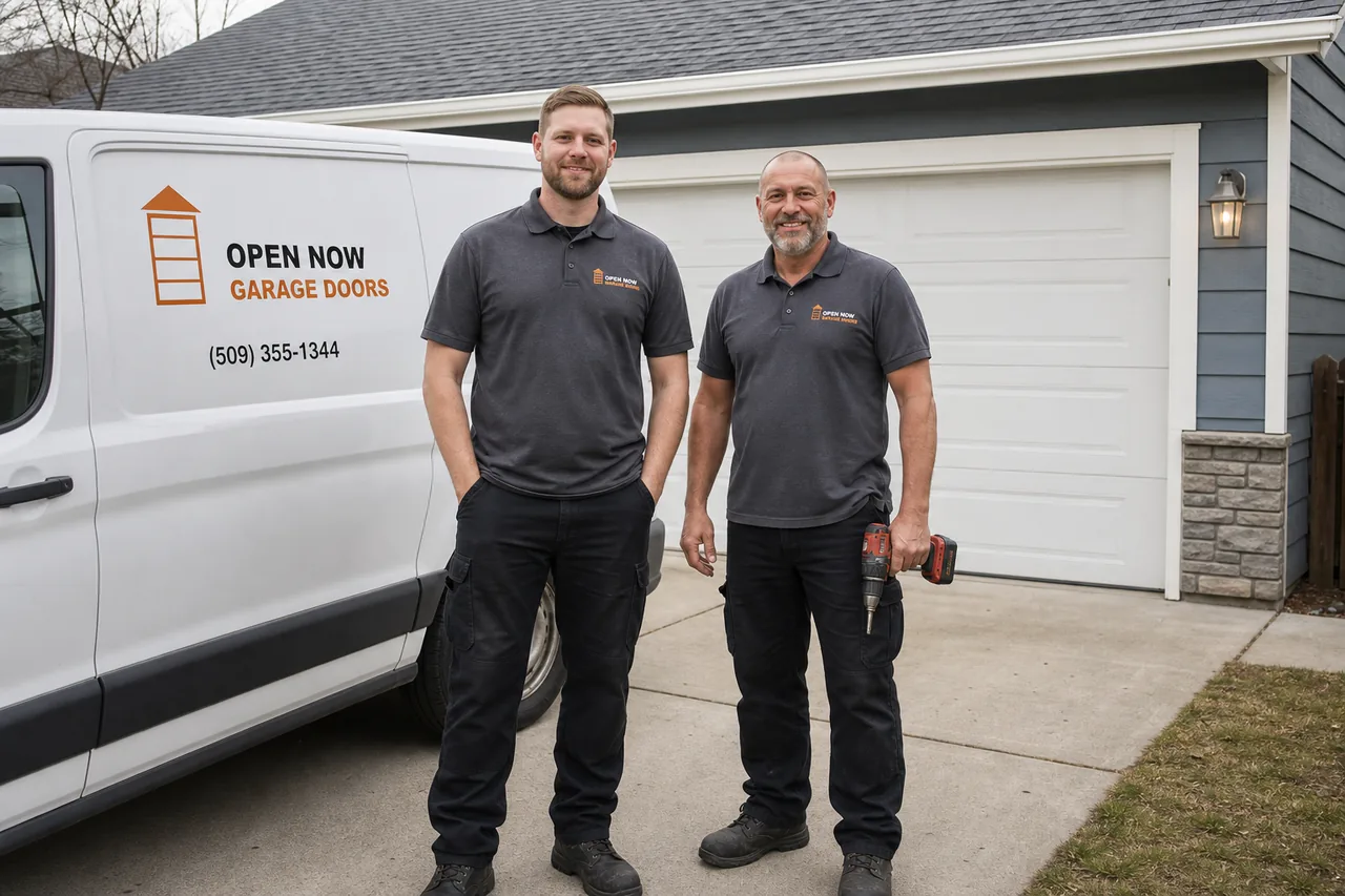 Open Now Garage Doors technicians and service van outside a home in Spokane, WA