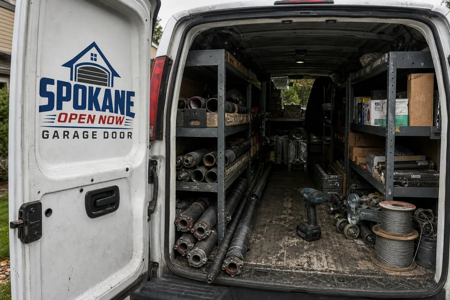 Inside the Open Now Garage Doors van: springs, rollers, drums and hinges stocked for Spokane