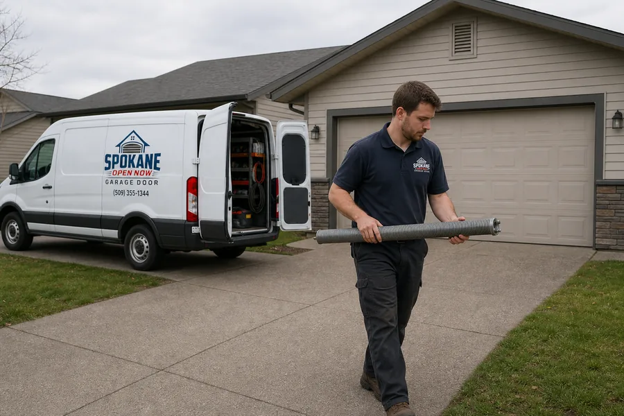 A Open Now Garage Doors technician bringing a torsion spring from the van in Spokane, WA